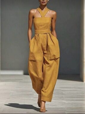 Cross Strap Halter Mustard Wide-Leg Jumpsuit